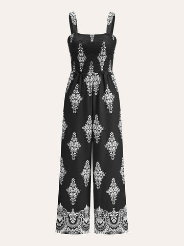 Smocked Floral Print Jumpsuit