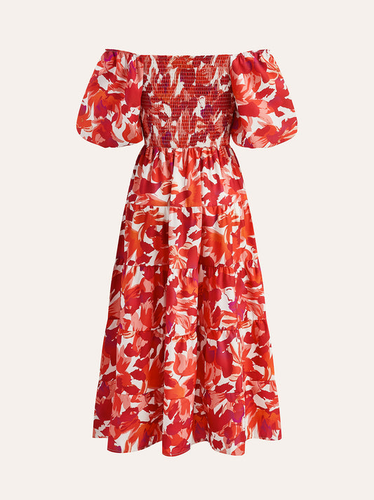 Off-Shoulder Smocked Floral Dress