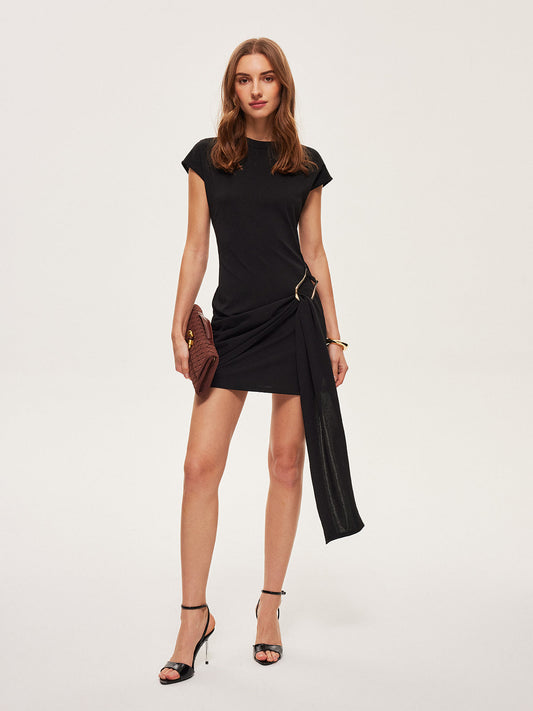 Metal Detail Waist Ruched Draped Dress