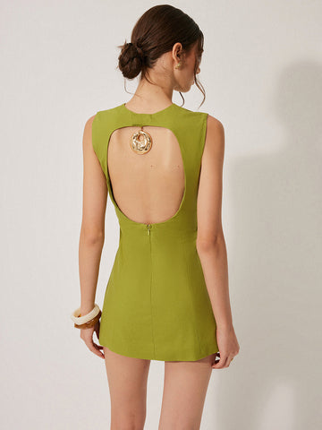 Cotton & Linen Backless Dress With Metal Detail