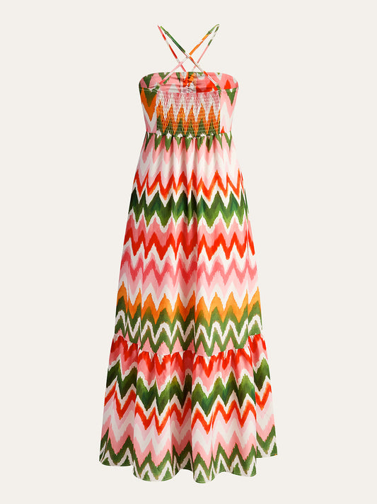 Zigzag Print Ruched Halter Dress