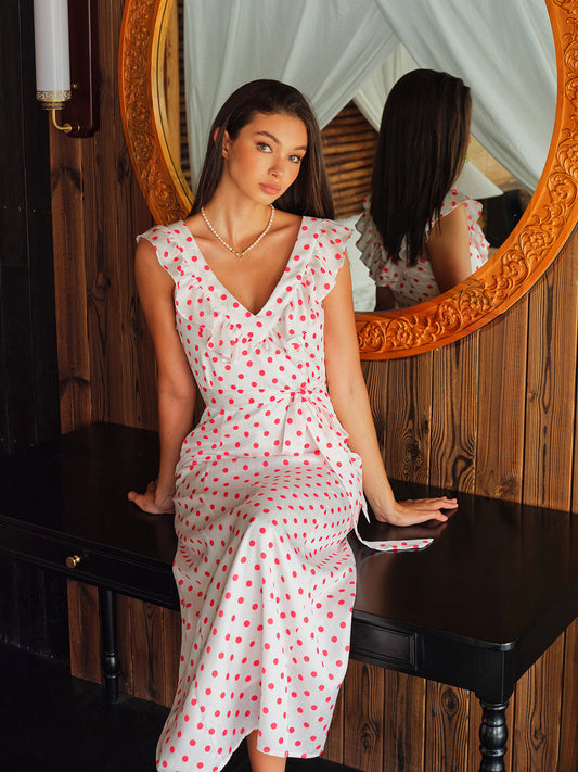Polka Dot Ruffle Tie Waist Dress