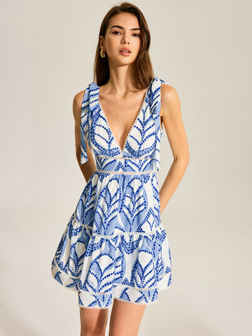 Printed Tiered Mini Dress With Shoulder Ties