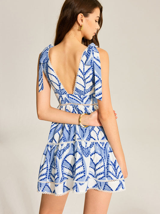 Printed Tiered Mini Dress With Shoulder Ties