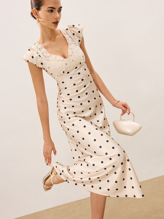 Lace Trim Polka Dot Dress With Invisible Zipper