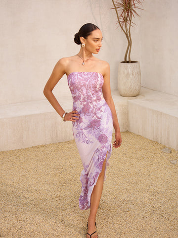 Strapless  Floral Print Split Dress