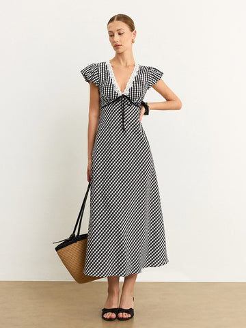 Gingham Lace-Trimmed Midi Dress with Flutter Sleeves