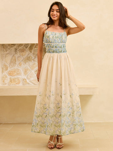 Floral Print Pleat  Waist Tiered Maxi Dress