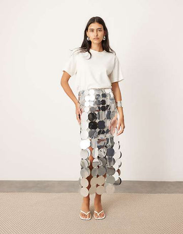 Silver Disc Fringe Midi Skirt