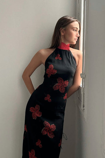 Embroidered Halter-Back Qipao Collar Dress