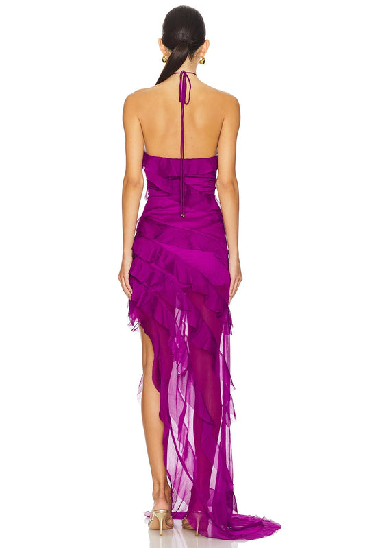 Holiday Halter Neck Asymmetric Wave Edge Dress
