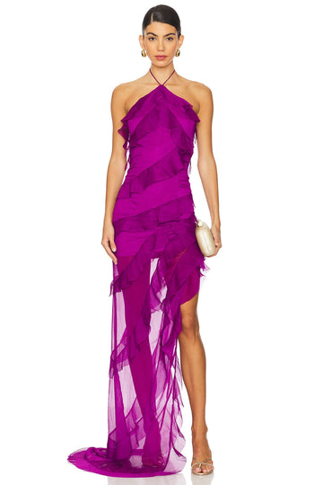 Holiday Halter Neck Asymmetric Wave Edge Dress