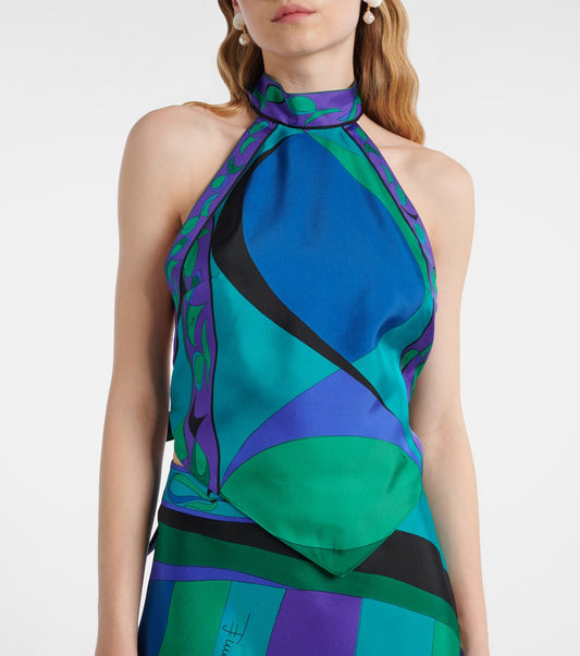 Printed halterneck silk top set