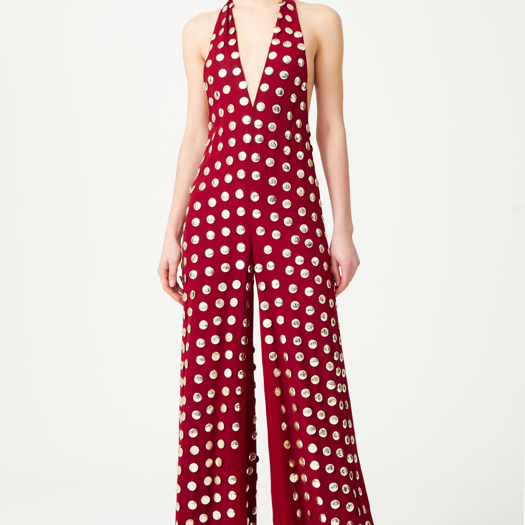 Burgundy Handmade Gold Polka Dot Jumpsuit
