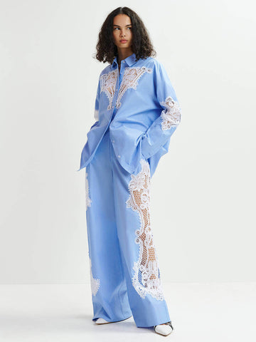 Lace Striped Cotton Wide-Leg Pants and Shirt Set