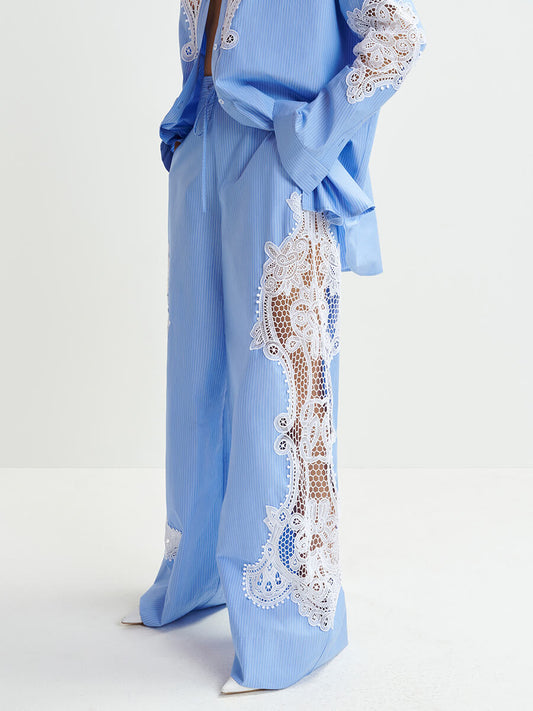 Lace Striped Cotton Wide-Leg Pants and Shirt Set