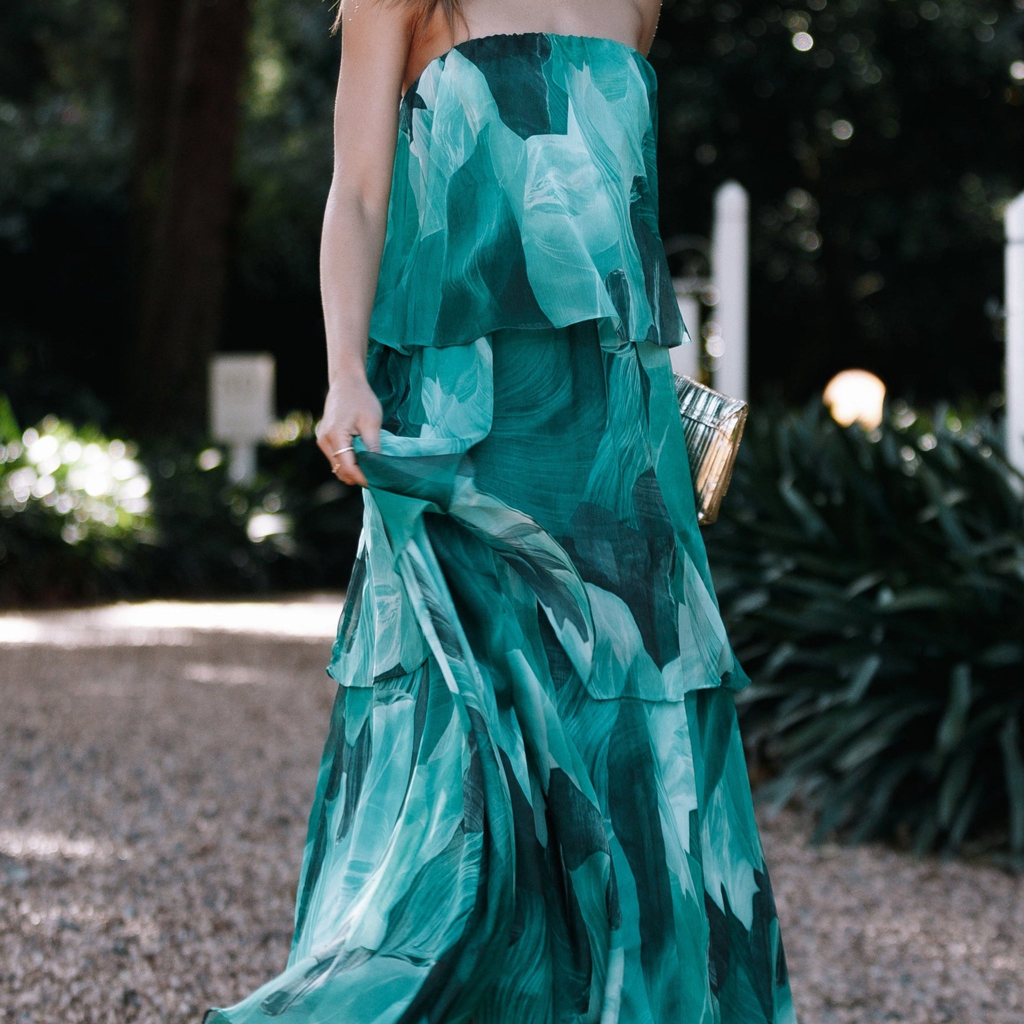 Calista Green Bloom Strapless Tiered Maxi Dress