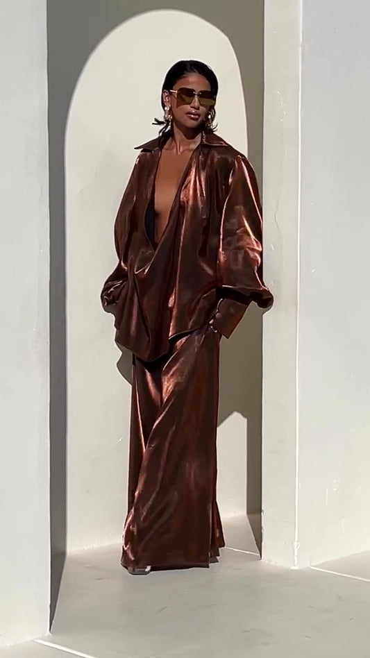 Deep V Neck Shirt Wide Leg Pants Set