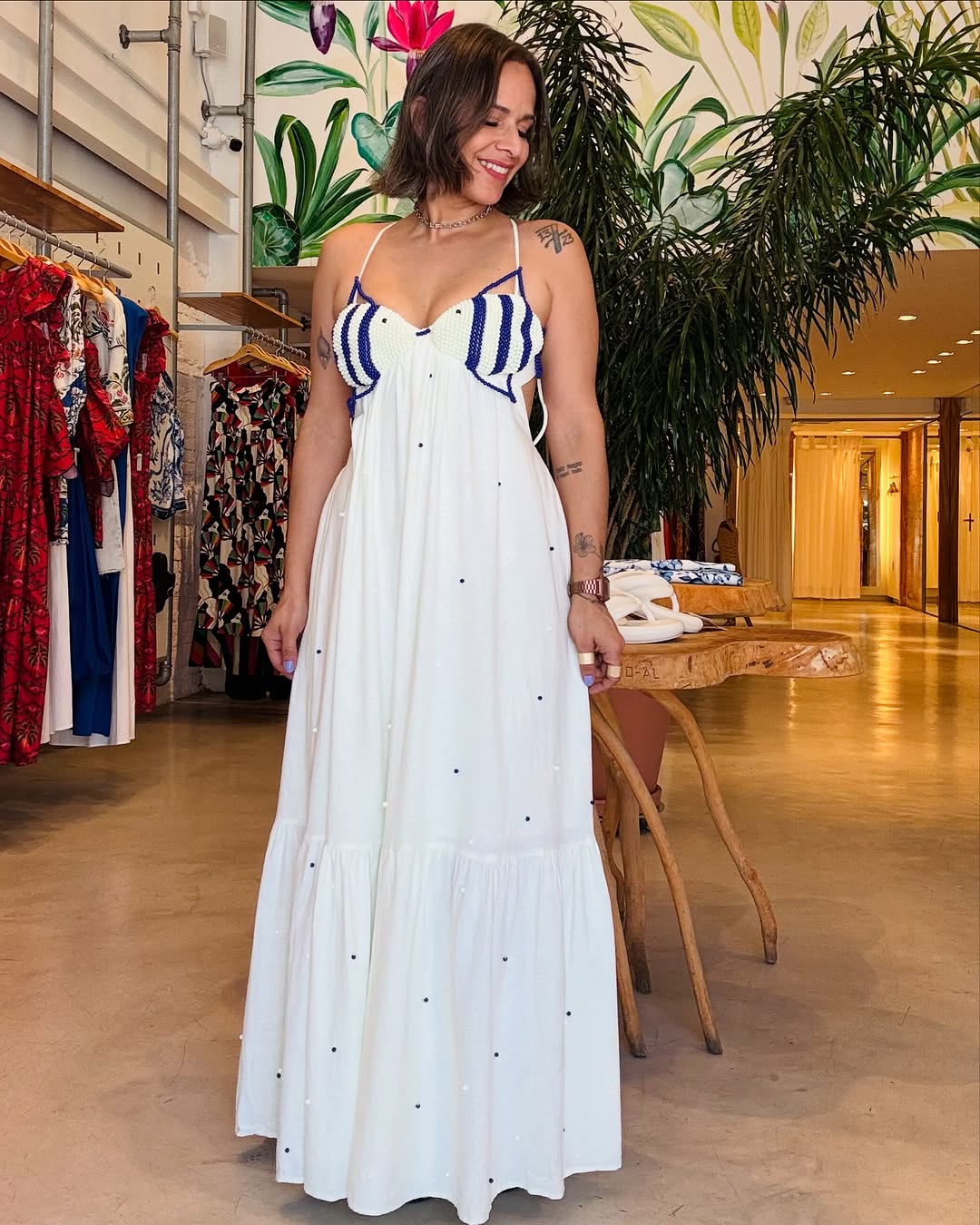 Party Handmade Pearl Fish Halter Neck Dress