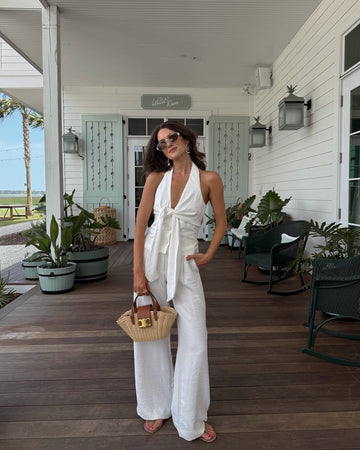 White Halter Neck Top & Wide - Leg Pants Set