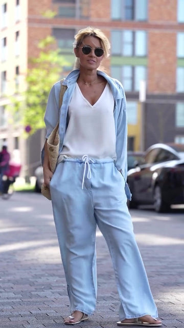 Washed Denim Shirt Wide Leg Pants Set