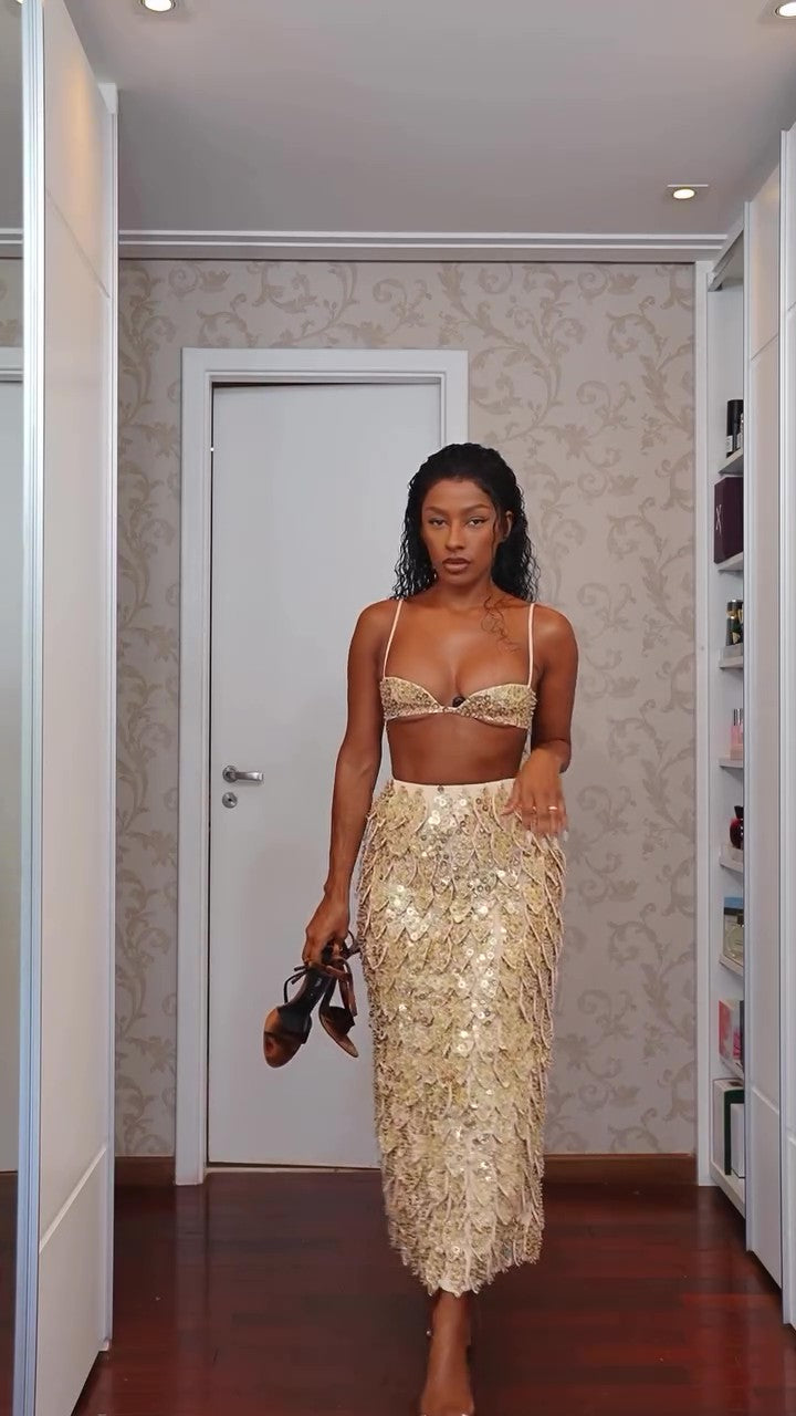 Rose Gold Leaf Sequin Embroidery Skirt Set