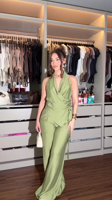 V-neck open back wide leg pants linen suit