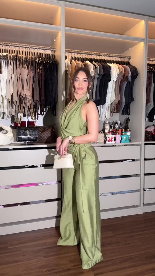 V-neck open back wide leg pants linen suit