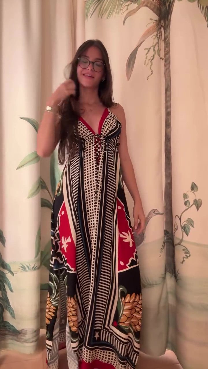 Deep V Resort Print Oversized Dress