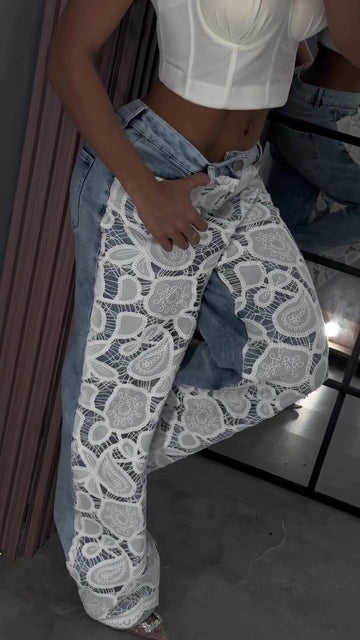 Lace embroidered wide-leg jeans