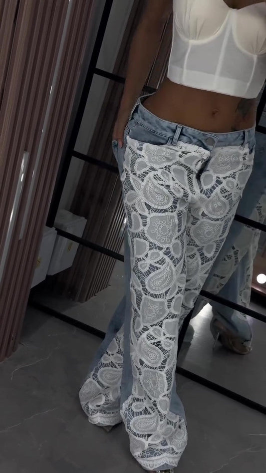 Lace embroidered wide-leg jeans