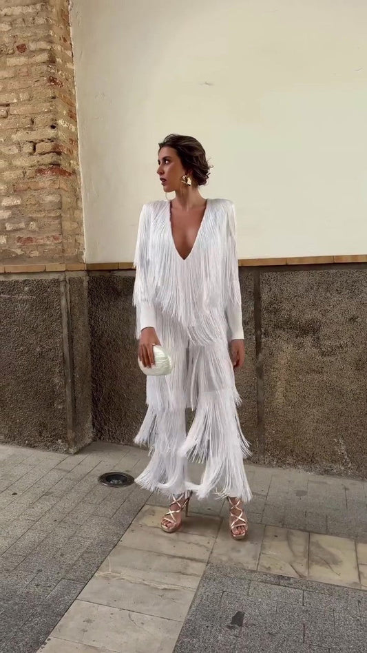 V-neck tassel jumpsuit