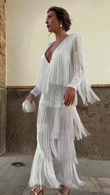V-neck tassel jumpsuit