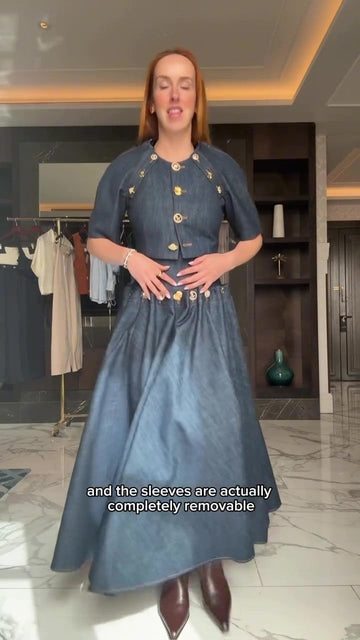 Denim skirt suit with detachable sleeves