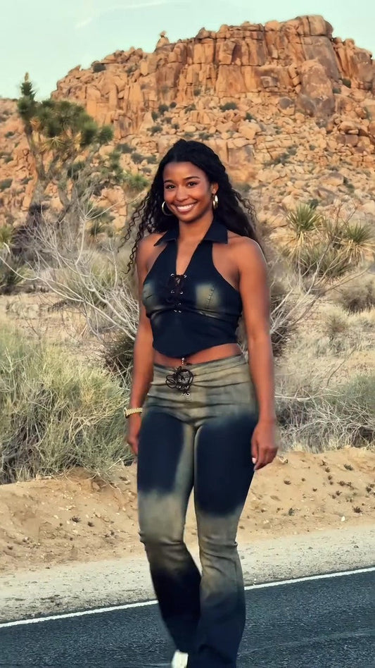 Dyed Washed Denim Halter Vest Set