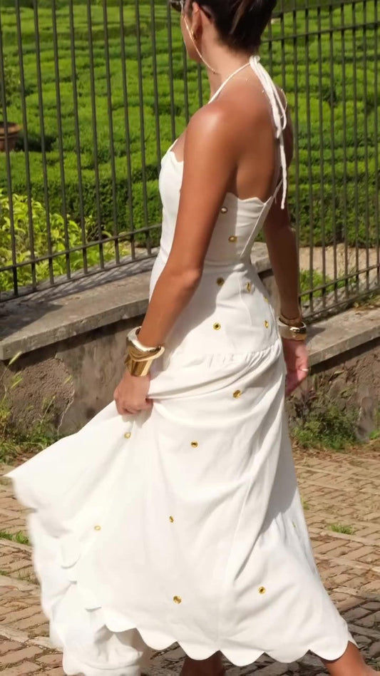 Contrast Color Eyelet Halter Maxi Dress