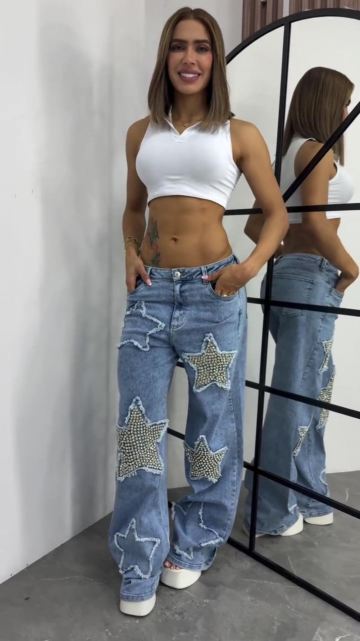 Handmade star diamond wide-leg jeans