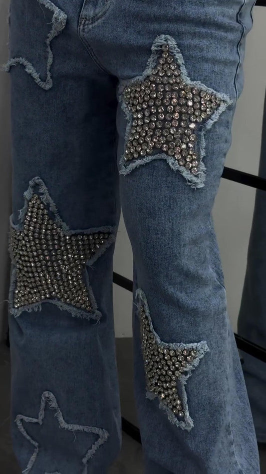 Handmade star diamond wide-leg jeans