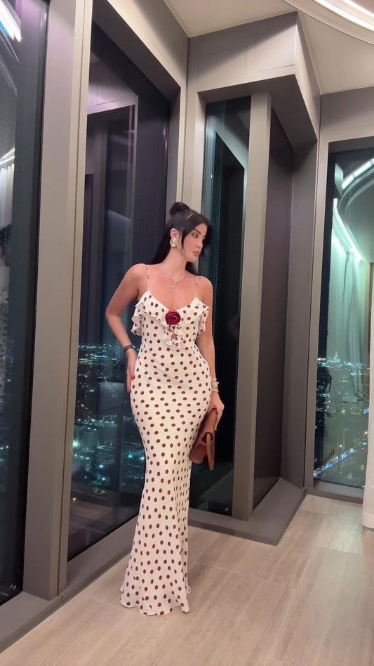 Rose Embellished V-Neck Polka Dot Dress