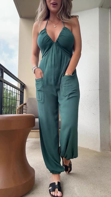 Linen V-neck off-the-shoulder jumpsuit