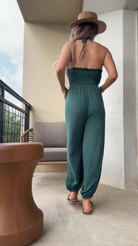 Linen V-neck off-the-shoulder jumpsuit