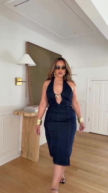 Deep V halter neck stretch denim dress