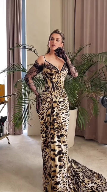 Lace leopard print long dress