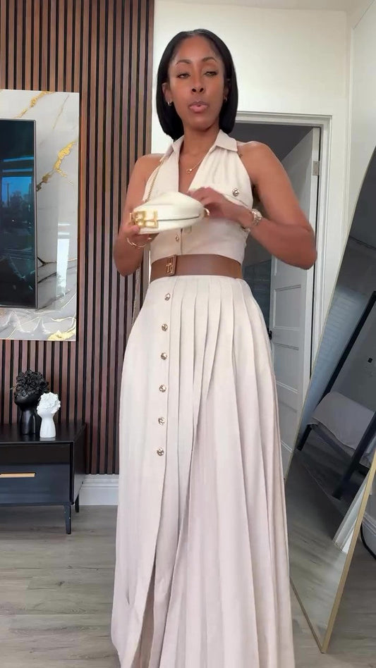 Holiday backless halter neck pleated maxi dress