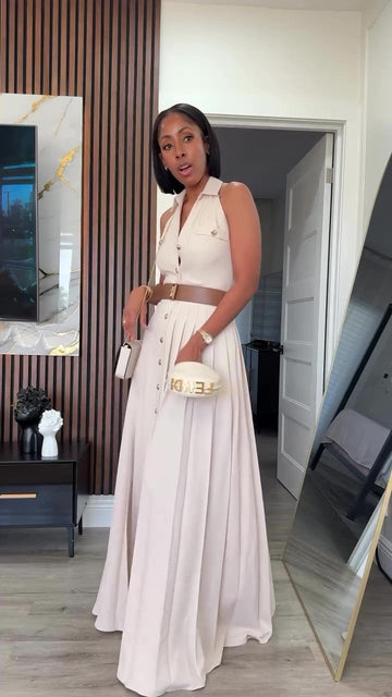 Holiday backless halter neck pleated maxi dress