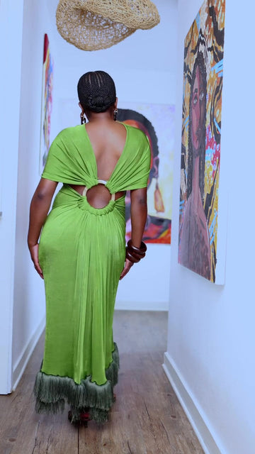 Green backless fringed dress, reversible