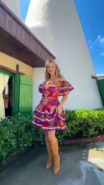 Colorful hand-crocheted off-the-shoulder dress