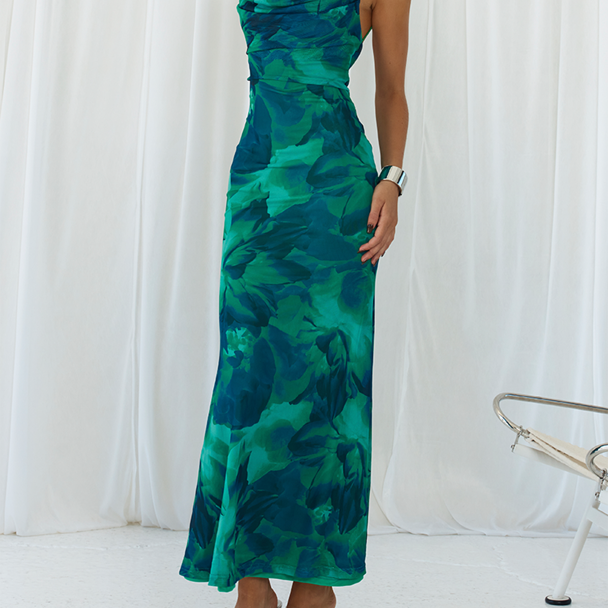 Calista Green Bloom Cowl Neck Slip Maxi Dress