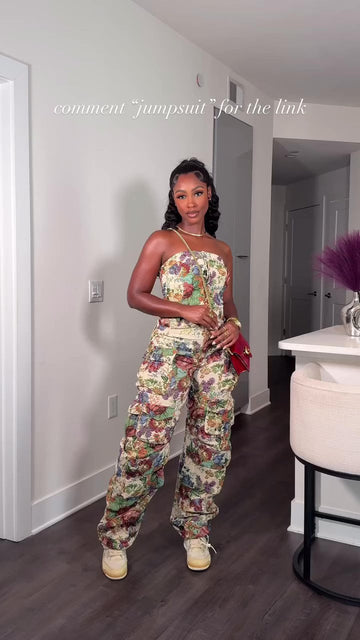 Street style wide-leg floral jumpsuit