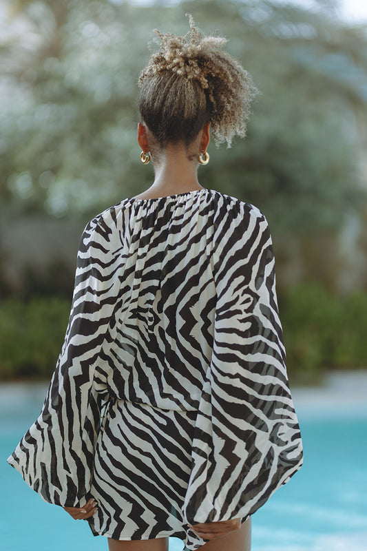 Zebra Print Deep V Neck Silk Mini Dresses